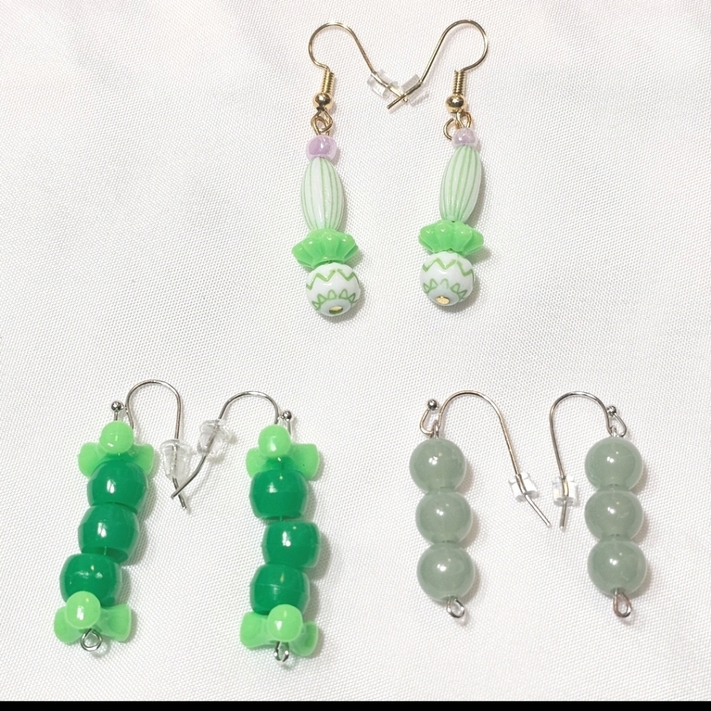 Set of 3 Green Beaded Drop Earrings – Spring Summer Lightweight Jewelry
